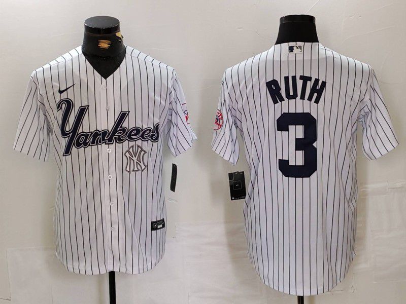 Men New York Yankees #3 Ruth White stripe Three generations of joint names Nike 2024 MLB Jersey style 4